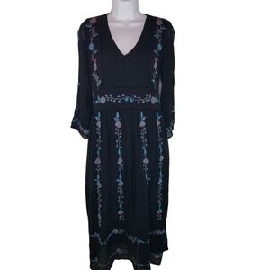 Zara black cotton floral embroidered midi dress